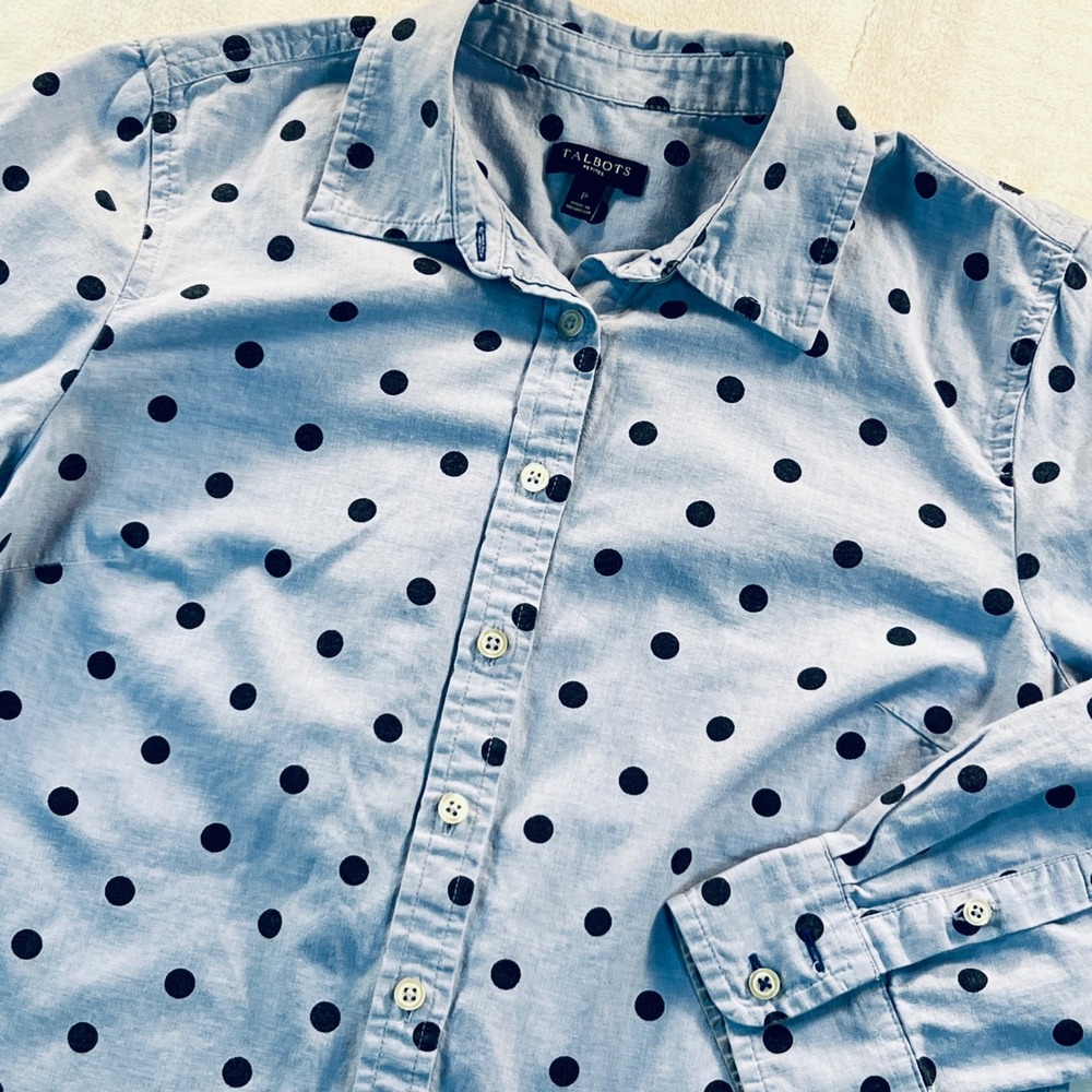 Talbots Petites Blue Navy Polka Dot Cotton Button Down Shirt Size P Long Sleeve